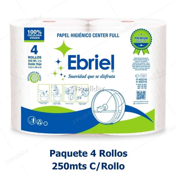 Papel Higiénico Jumbo Ebriel Doble Hoja Center Pull 250 Metros Paquete x 4 Rollos