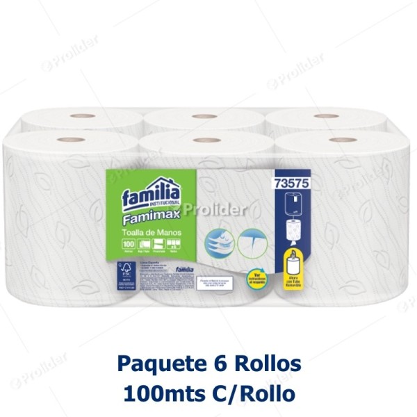 Papel Toalla Jumbo Familia Triple Hoja Blanco 100 Metros Paquete x 6 rollos 73575
