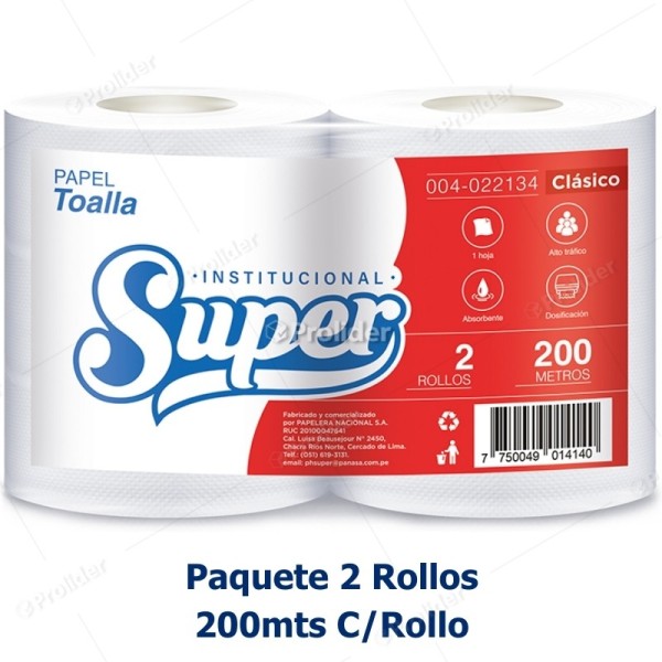 Papel Toalla Jumbo Super Blanco Etiqueta Rojo 200 Metros Paquete x 2 Rollos