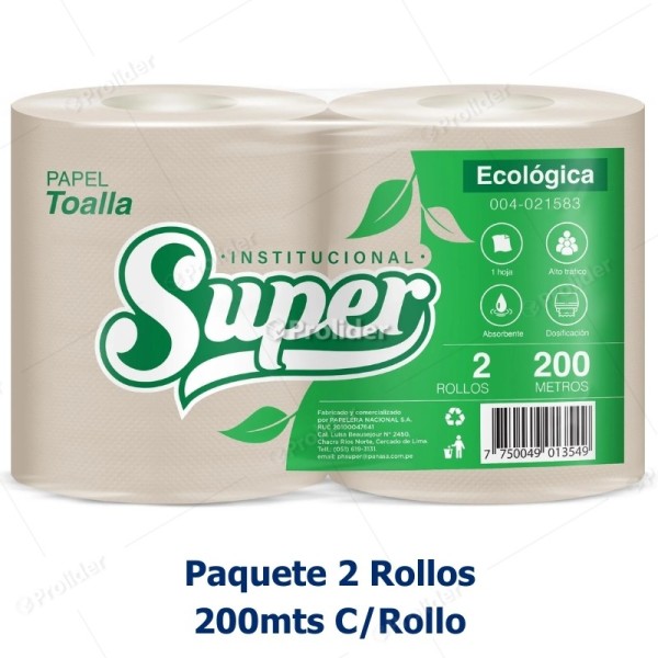 Papel Toalla Jumbo Super Ecologico 200 Metros Paquete x 2 Rollos