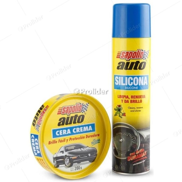 Pack Silicona En Spray Tablero Sapolio + Cera para Auto 200 Gr
