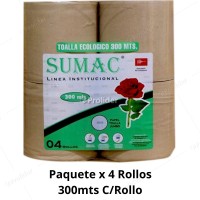 Papel Toalla Jumbo Sumac Ecologico Gofrado 300 Metros Paquete x 4 Rollos