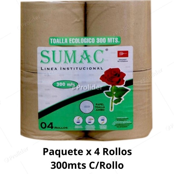 Papel Toalla Jumbo Sumac Ecologico Gofrado 300 Metros Paquete x 4 Rollos