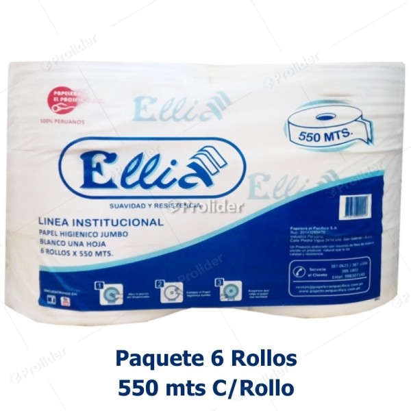 Papel Higiénico Jumbo Ellia 550 Metros Paquete x 6 Rollos