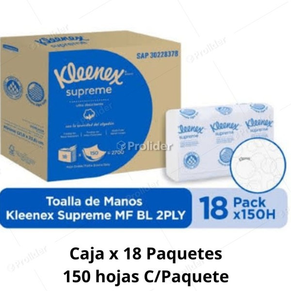 Caja Papel Interfoliado Kleenex Supreme Blanco x 18 Paquetes de 150 unidades 32 gr 30228378