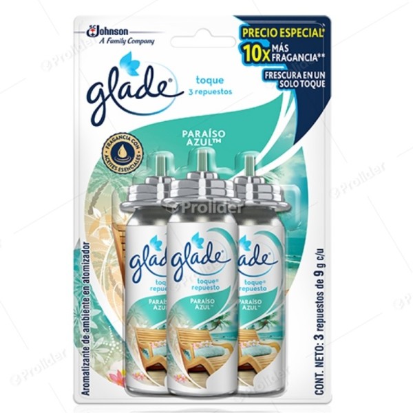 Repuesto Ambientador Toque Glade Paquete x 3 unidades Paraíso Azul