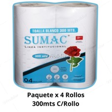 Papel Toalla Jumbo Sumac Blanco Gofrado 300 Metros Paquete x 4 Rollos