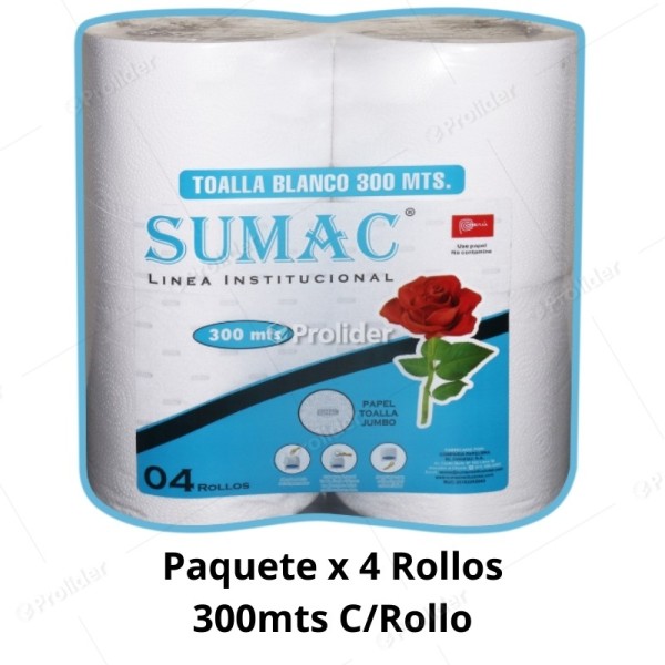 Papel Toalla Jumbo Sumac Blanco Gofrado 300 Metros Paquete x 4 Rollos