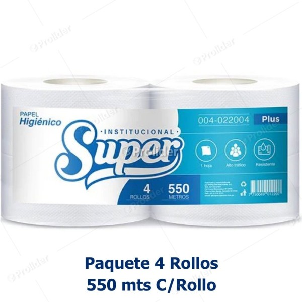 Papel Higiénico Jumbo Super 550 Metros Etiqueta Celeste Paquete x 4 Rollos