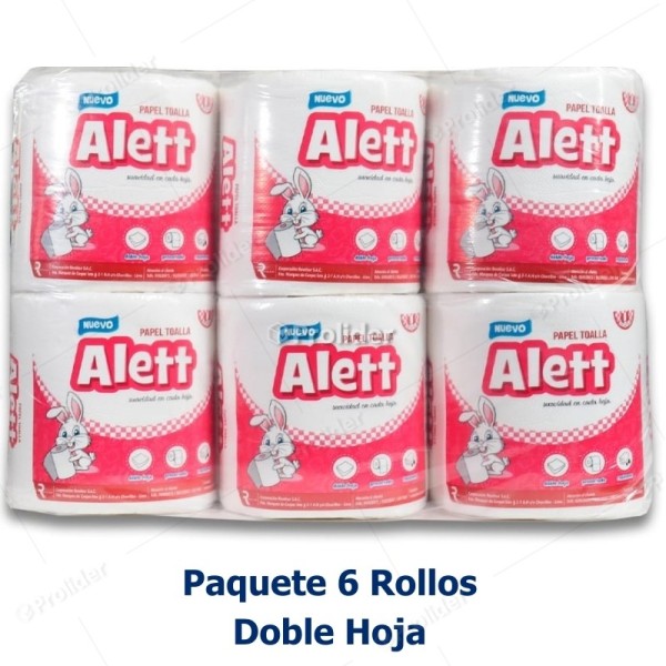Papel Toalla Jumbo Alett Doble Hoja Blanco Paquete x 6 Rollos Precortado
