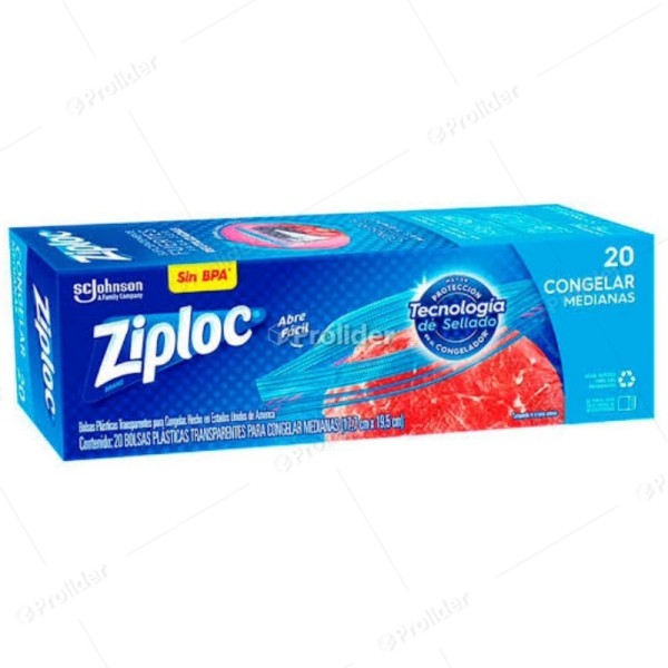 Bolsas Reutilizables Ziploc Para Congelar Paquete x 20 unidades Medianas (17.7 cm x 19.5 cm)