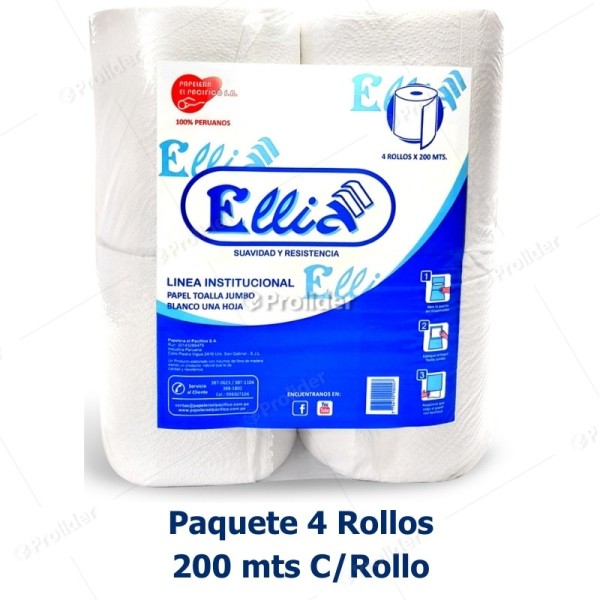 Papel Toalla Jumbo Ellia Blanco Gofrado 200 Metros Paquete x 4 Rollos