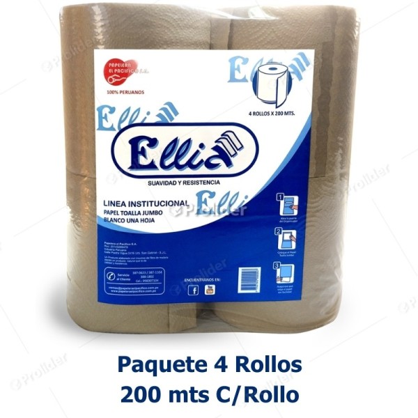 Papel Toalla Jumbo Ellia Ecologico Gofrado 200 Metros Paquete x 4 Rollos