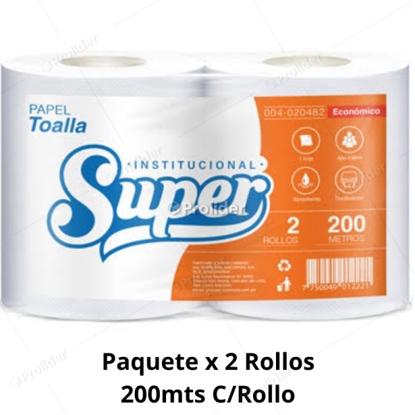 Papel Toalla Jumbo Super Blanco Etiqueta Naranja 200 Metros Paquete x 2 Rollos